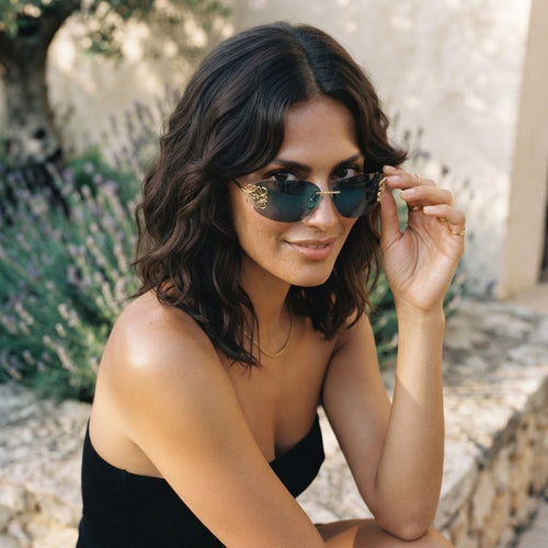 Gafas de sol gris con detalles dorados.
